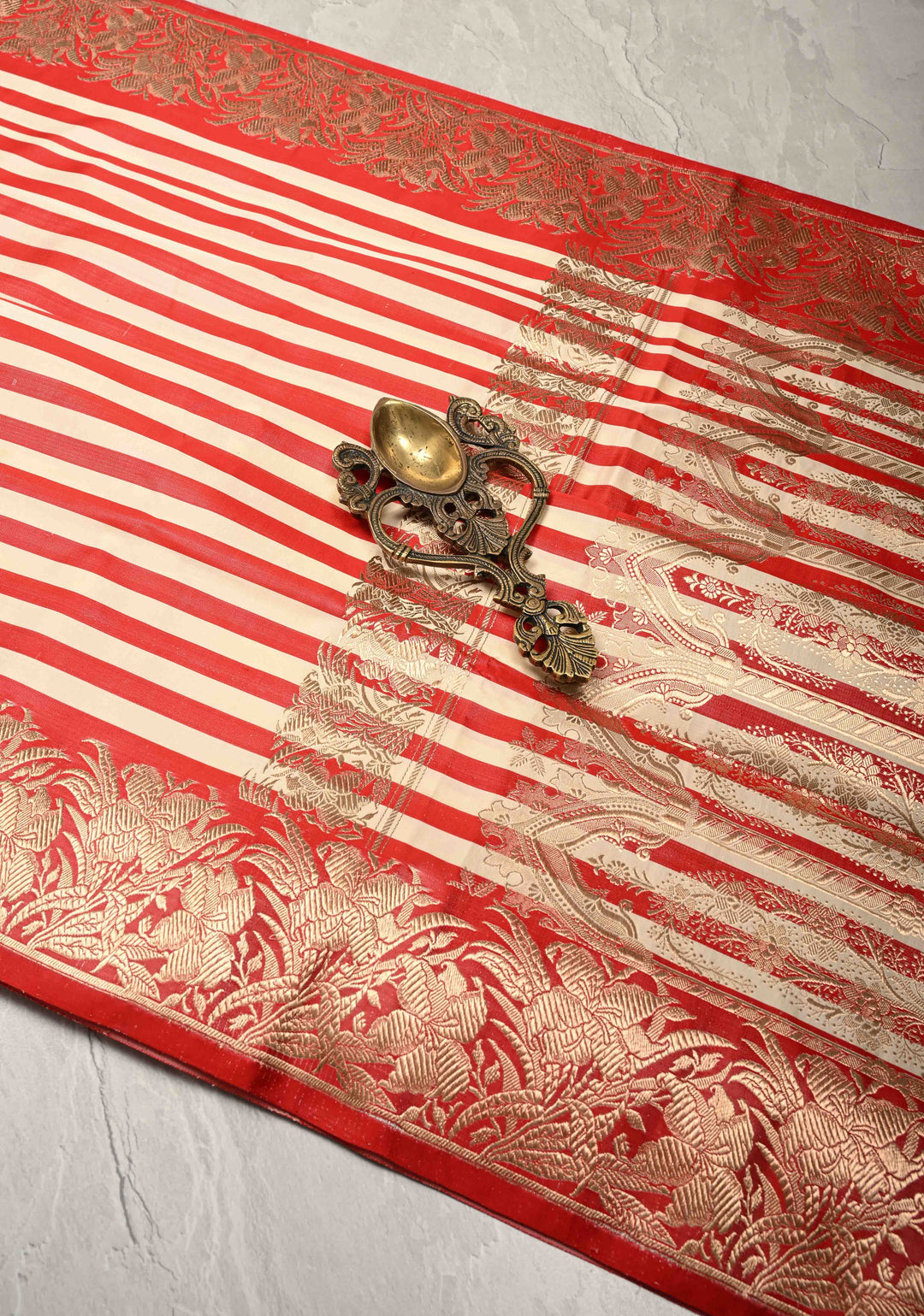Red-Cream Banarasi Mashru Silk Saree with Horizontal Stripes and Floral Zari Border | SILK MARK CERTIFIED