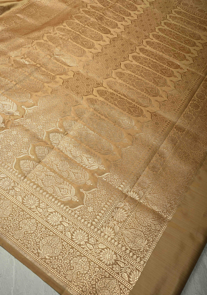 Chiku Banarasi Semi Mashru Silk Saree with Floral Zari Buttas and Bright Gold Zari detailing | SHOBITAM