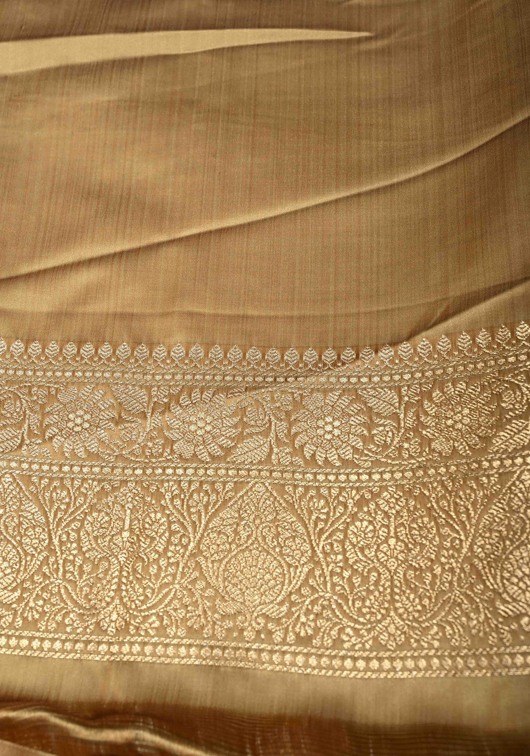 Chiku Banarasi Semi Mashru Silk Saree with Floral Zari Buttas and Bright Gold Zari detailing | SHOBITAM