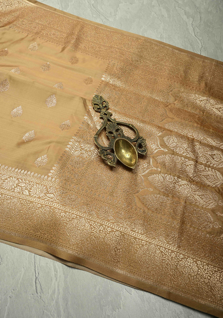 Chiku Banarasi Semi Mashru Silk Saree with Floral Zari Buttas and Bright Gold Zari detailing | SHOBITAM