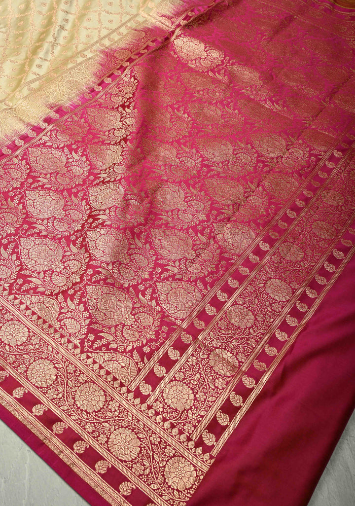 Off White Banarasi Semi Mashru Silk Saree with jaal Design and Bright Gold Zari detailing