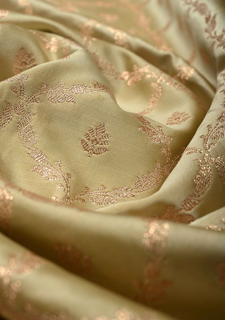 Off White Banarasi Semi Mashru Silk Saree with jaal Design and Bright Gold Zari detailing