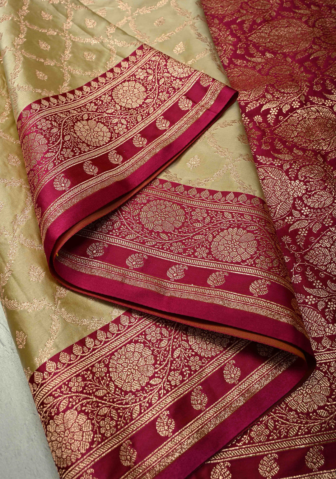 Off White Banarasi Semi Mashru Silk Saree with jaal Design and Bright Gold Zari detailing