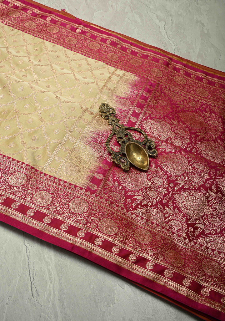 Off White Banarasi Semi Mashru Silk Saree with jaal Design and Bright Gold Zari detailing