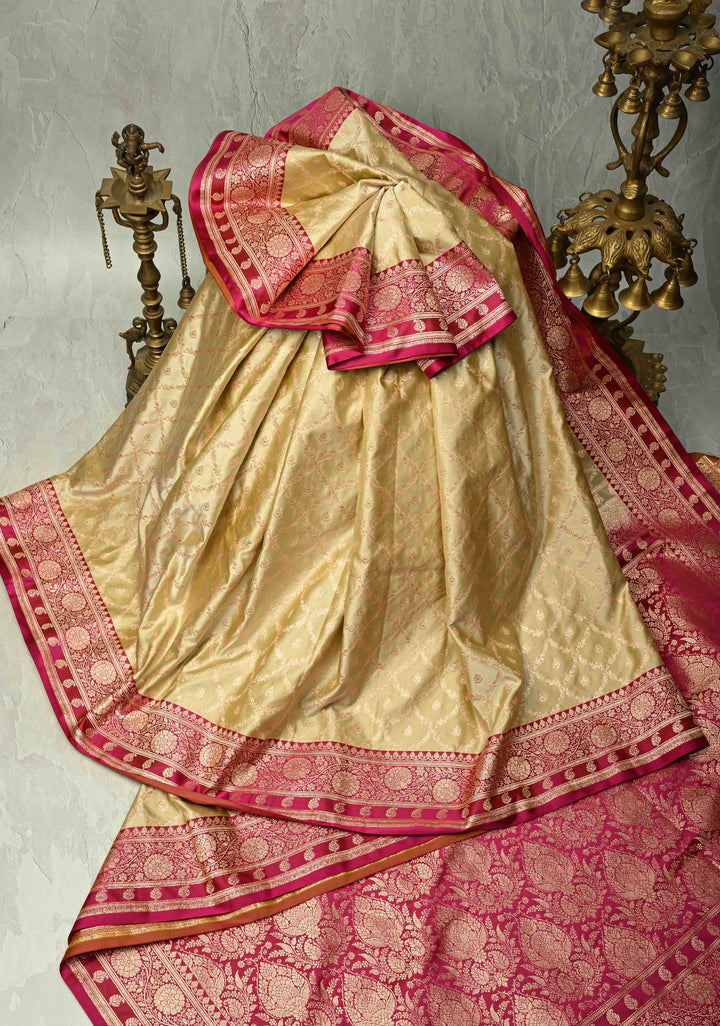 Off White Banarasi Semi Mashru Silk Saree with jaal Design and Bright Gold Zari detailing
