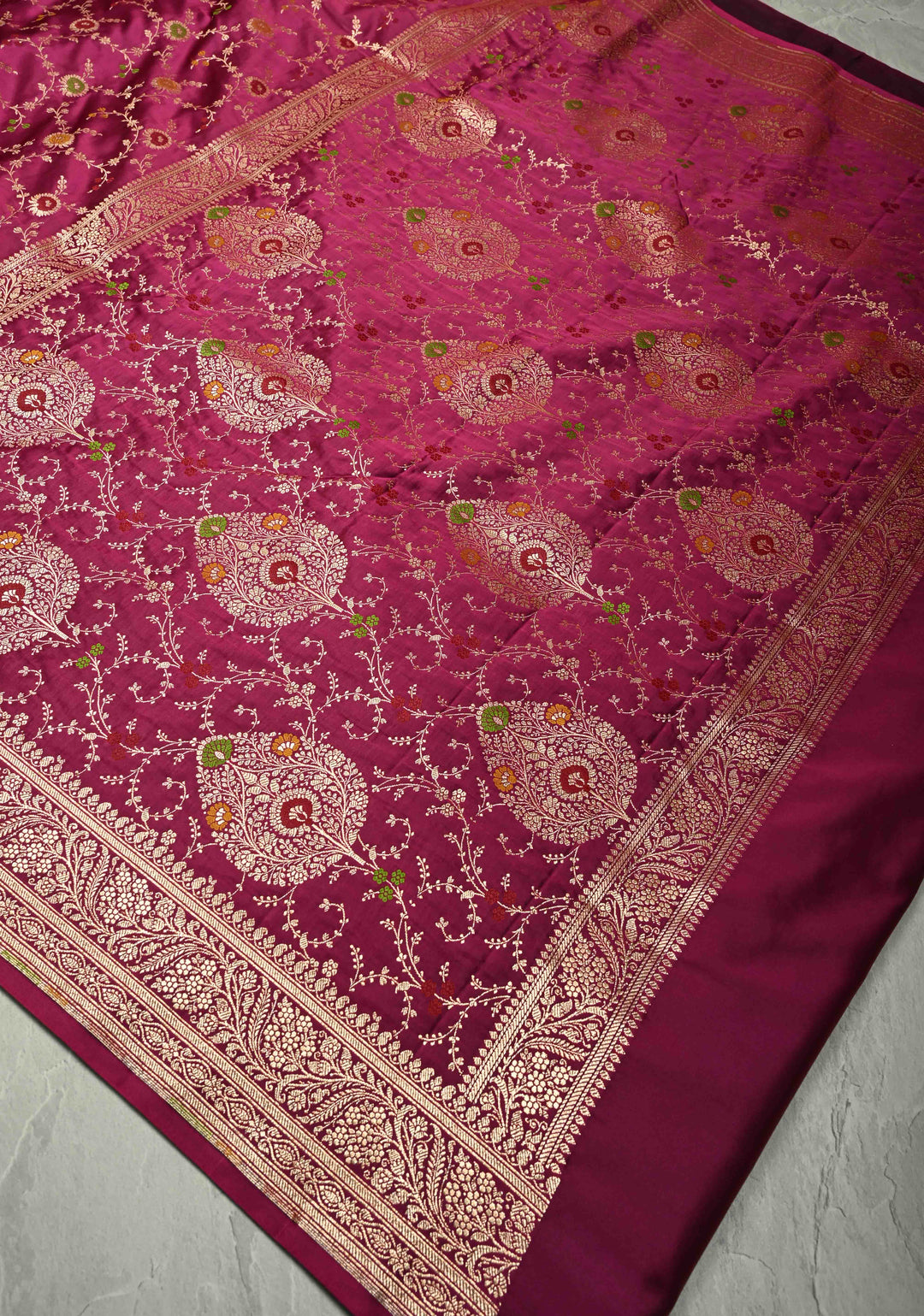 Plum Banarasi Semi Mashru Silk Saree with  Meenakari jaal Design and Bright Gold Zari detailing