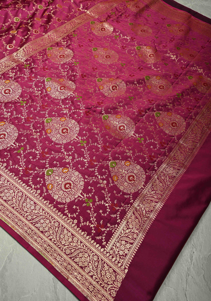 Plum Banarasi Semi Mashru Silk Saree with  Meenakari jaal Design and Bright Gold Zari detailing