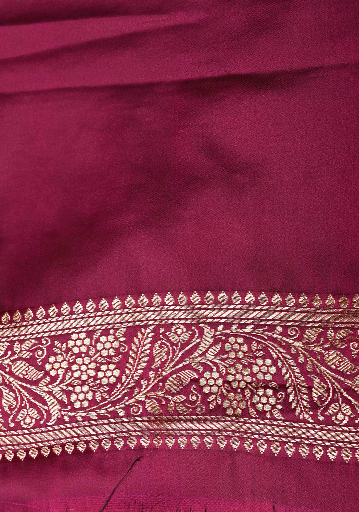 Plum Banarasi Semi Mashru Silk Saree with  Meenakari jaal Design and Bright Gold Zari detailing