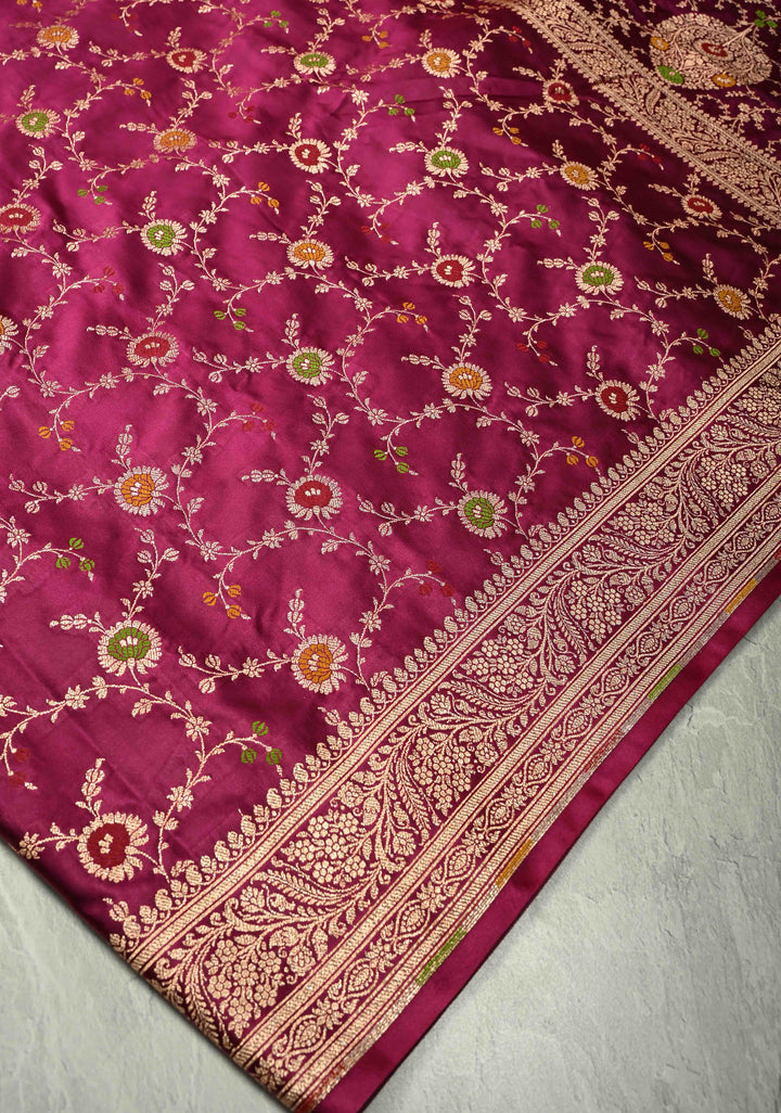 Plum Banarasi Semi Mashru Silk Saree with  Meenakari jaal Design and Bright Gold Zari detailing