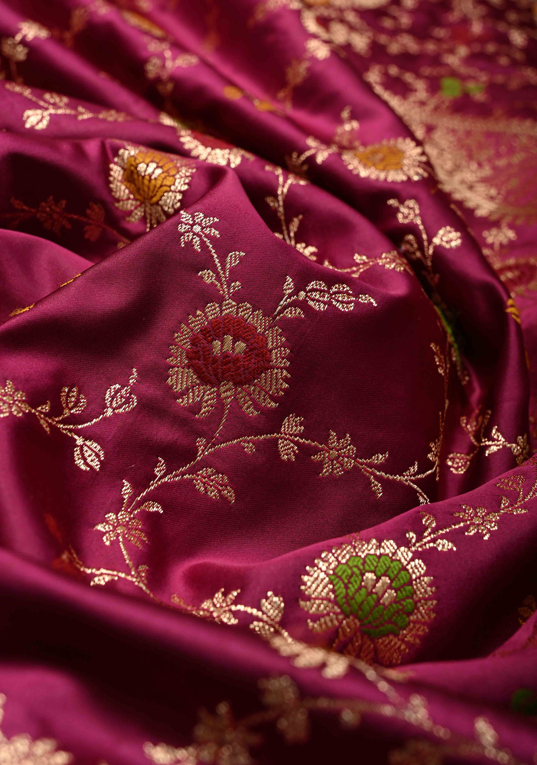 Plum Banarasi Semi Mashru Silk Saree with  Meenakari jaal Design and Bright Gold Zari detailing