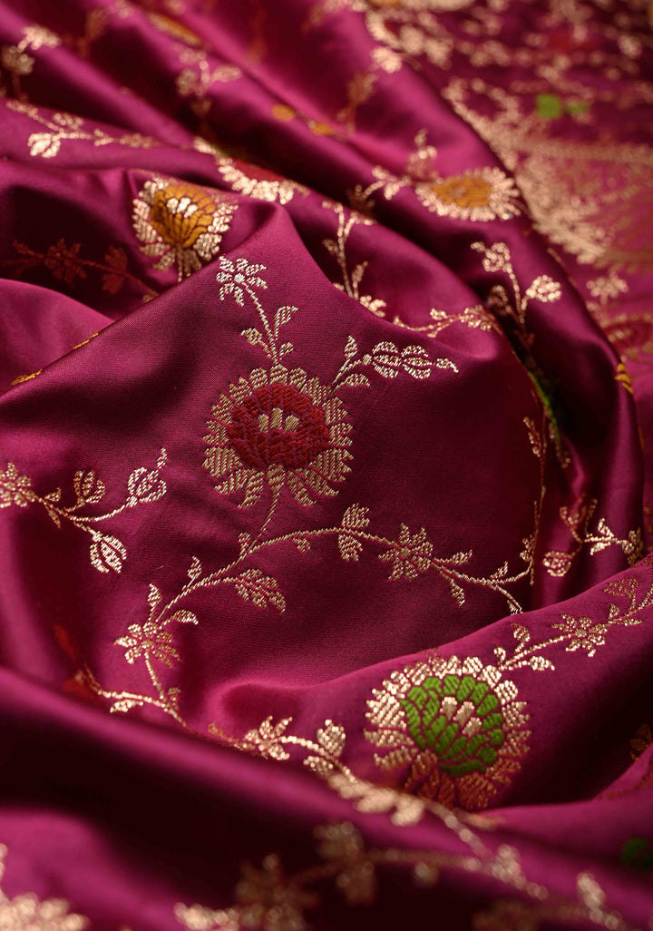 Plum Banarasi Semi Mashru Silk Saree with  Meenakari jaal Design and Bright Gold Zari detailing