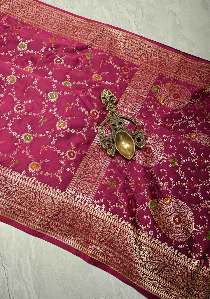 Plum Banarasi Semi Mashru Silk Saree with  Meenakari jaal Design and Bright Gold Zari detailing