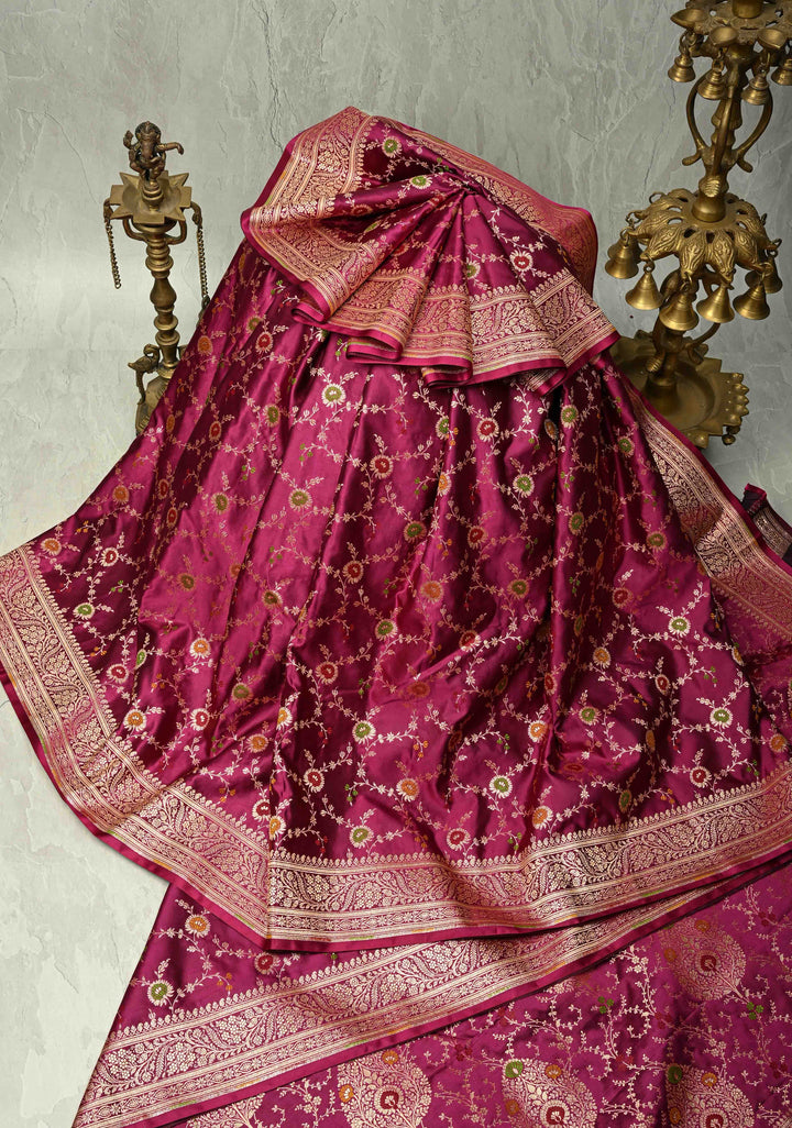 Plum Banarasi Semi Mashru Silk Saree with  Meenakari jaal Design and Bright Gold Zari detailing