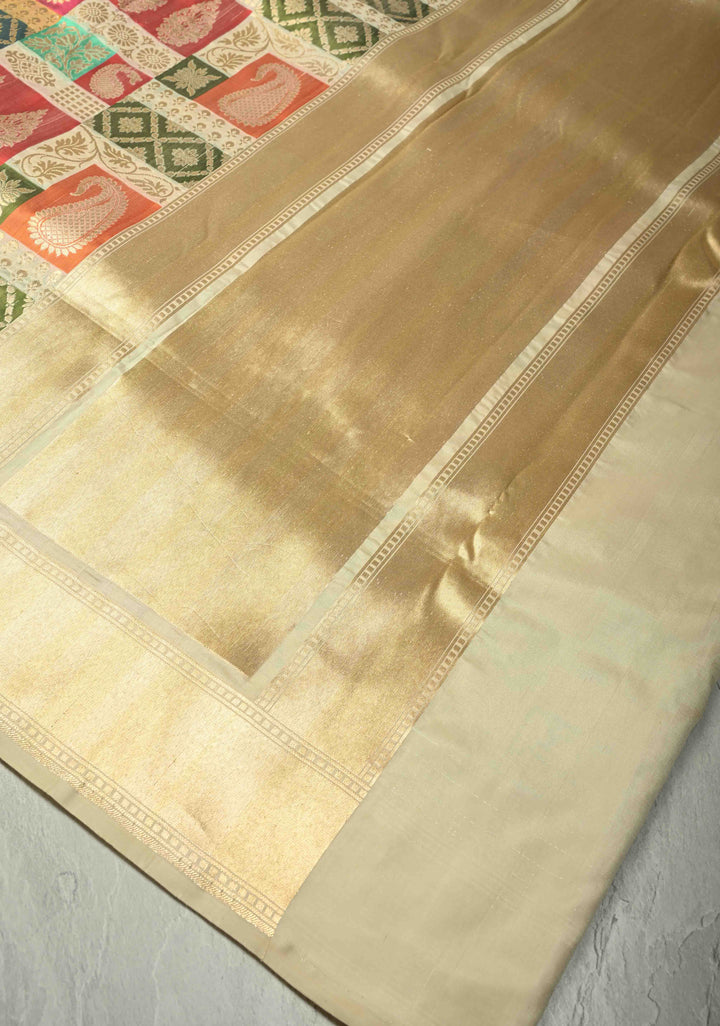 Multicolor Pure Banarasi Katan silk saree with Brocade and Ivory Contrast Zari Border | SILK MARK CERTIFIED