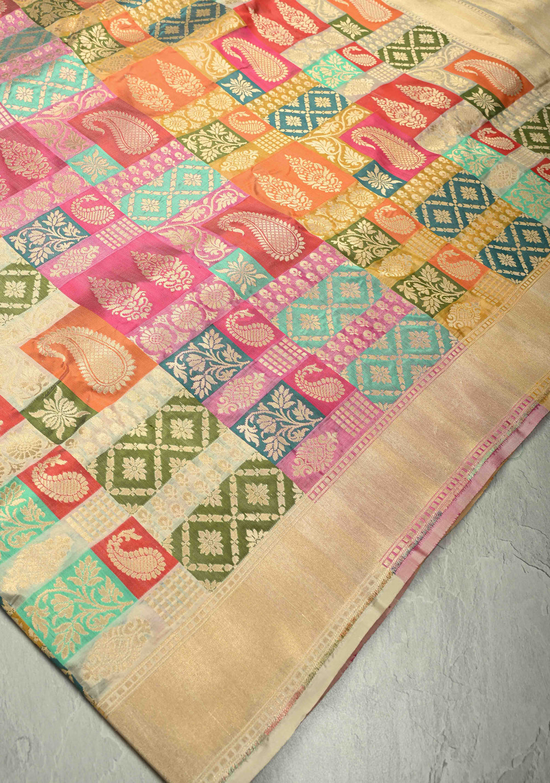 Multicolor Pure Banarasi Katan silk saree with Brocade and Ivory Contrast Zari Border | SILK MARK CERTIFIED
