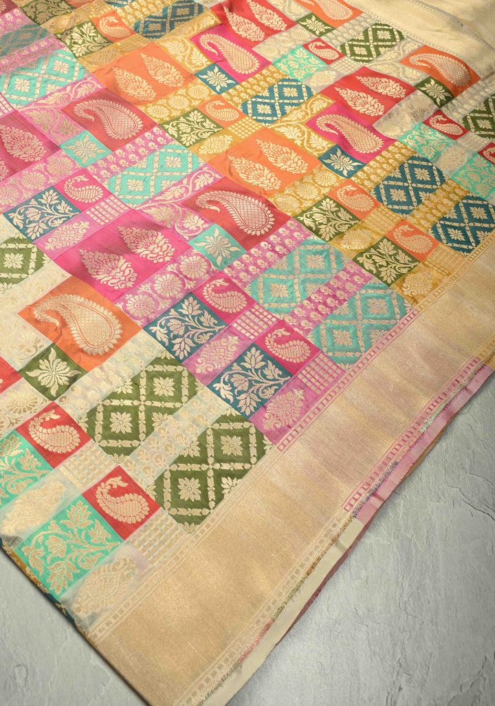 Multicolor Pure Banarasi Katan silk saree with Brocade and Ivory Contrast Zari Border | SILK MARK CERTIFIED