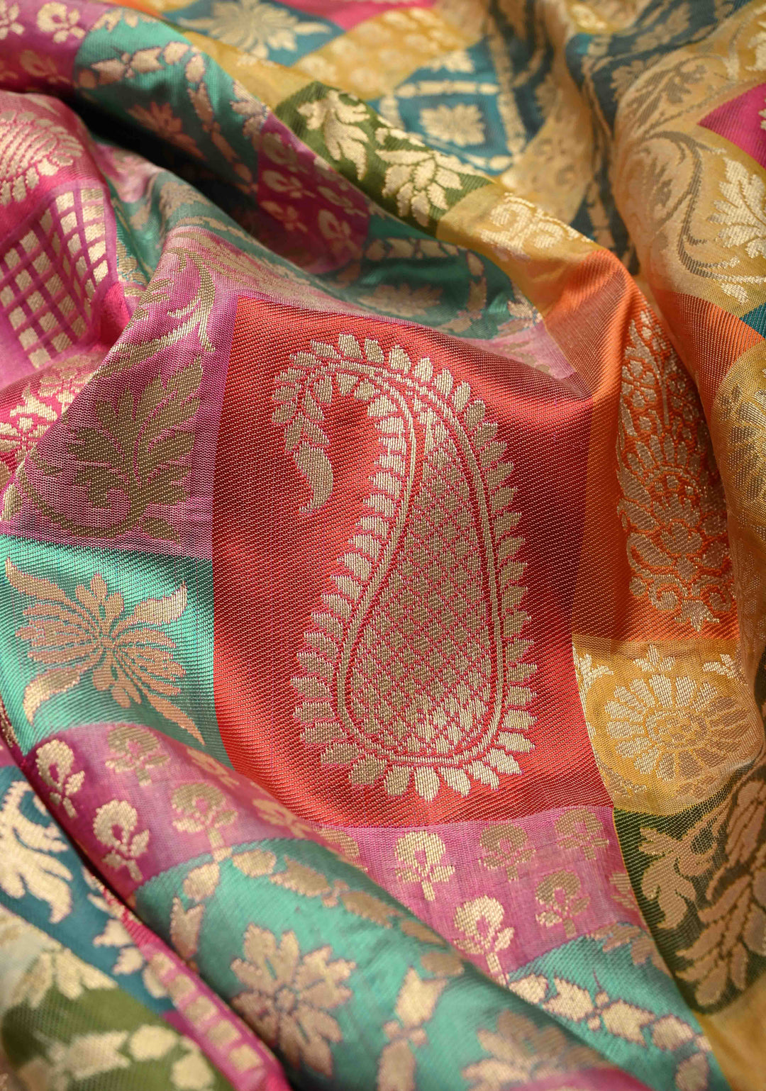 Multicolor Pure Banarasi Katan silk saree with Brocade and Ivory Contrast Zari Border | SILK MARK CERTIFIED