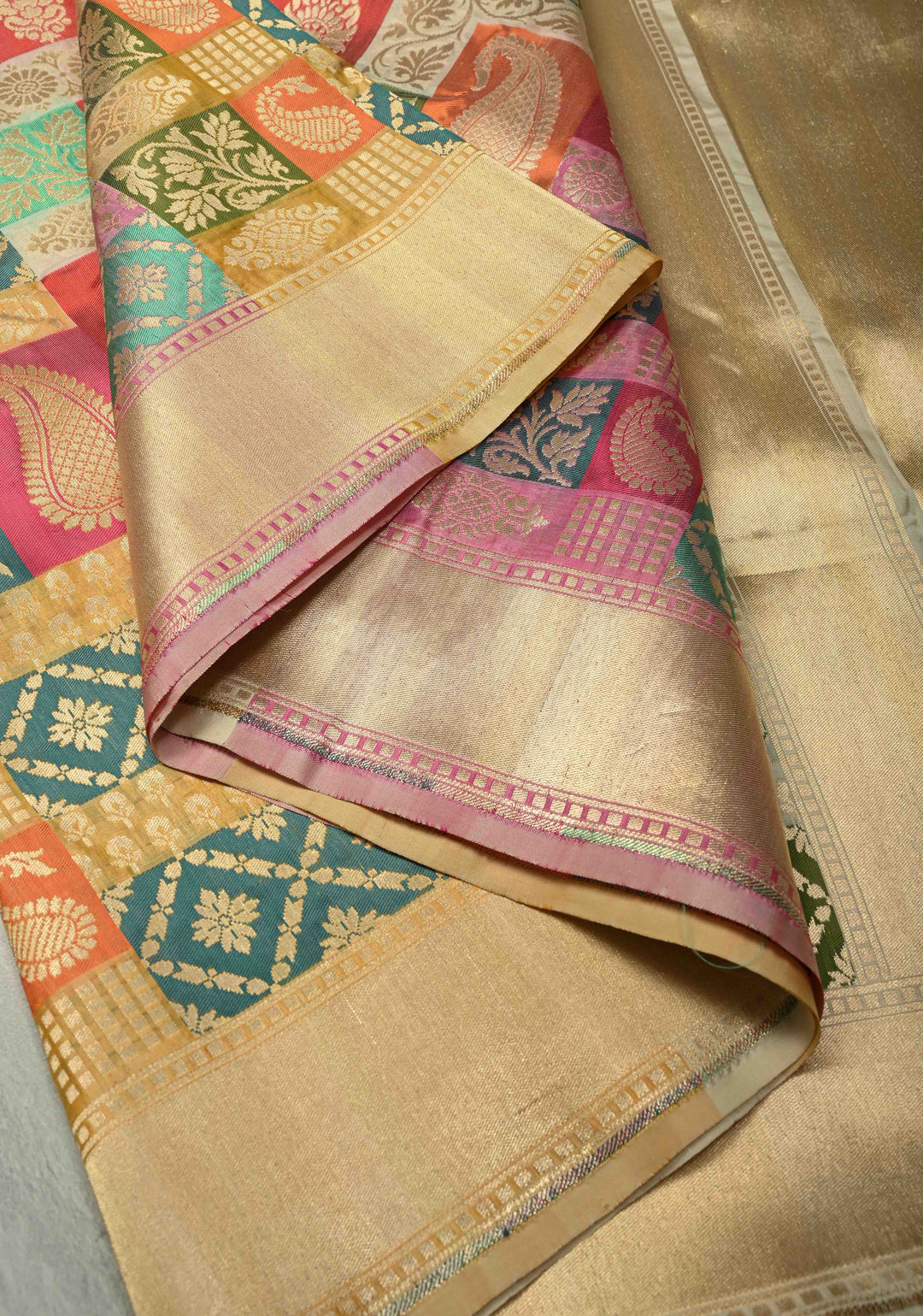 Multicolor Pure Banarasi Katan silk saree with Brocade and Ivory Contrast Zari Border | SILK MARK CERTIFIED