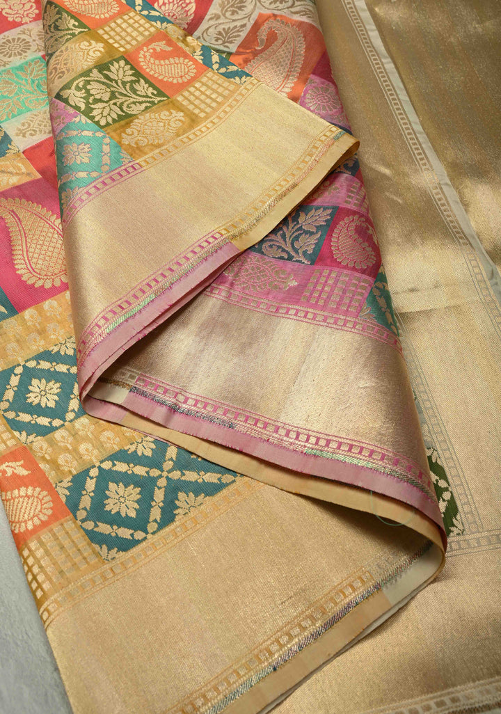 Multicolor Pure Banarasi Katan silk saree with Brocade and Ivory Contrast Zari Border | SILK MARK CERTIFIED