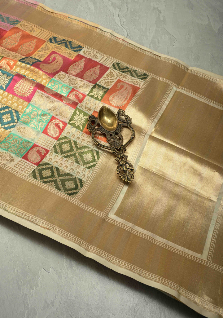 Multicolor Pure Banarasi Katan silk saree with Brocade and Ivory Contrast Zari Border | SILK MARK CERTIFIED