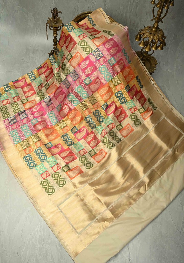 Multicolor Pure Banarasi Katan silk saree with Brocade and Ivory Contrast Zari Border | SILK MARK CERTIFIED