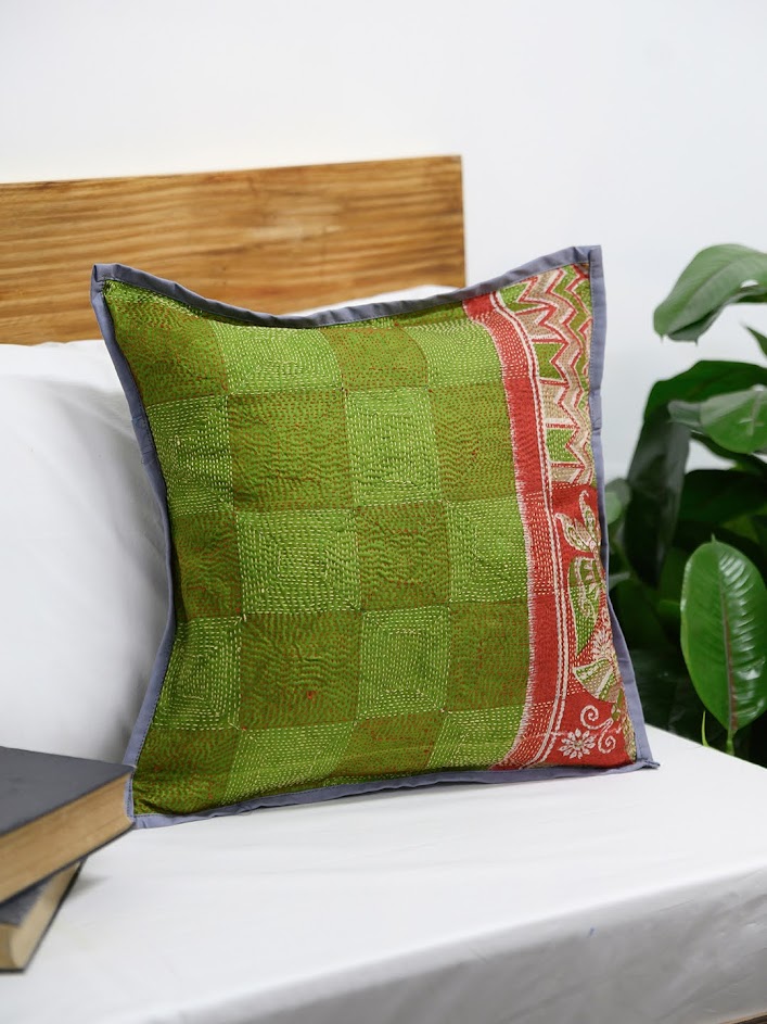 Green Grey Kantha Silk Reversible Cushion Cover - Pack of 1 | SHOBITAM