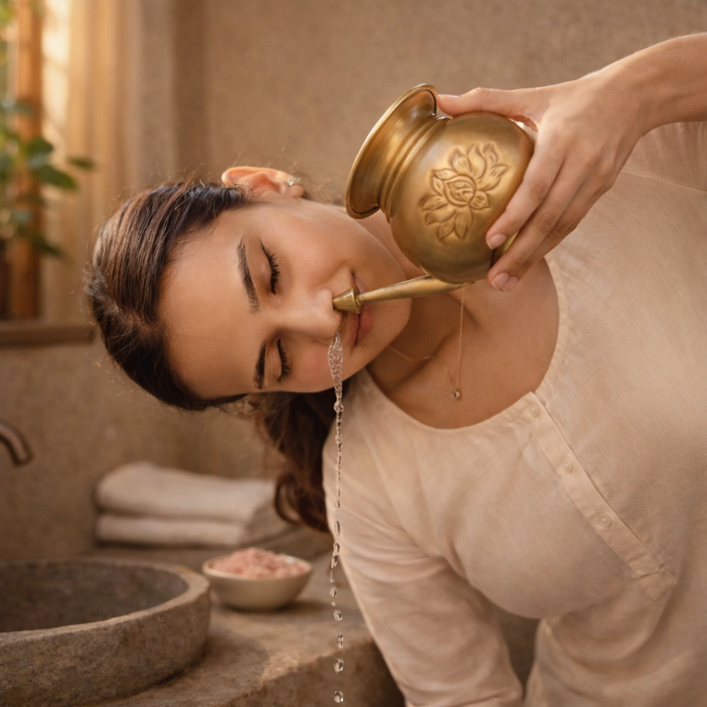 Jal Neti Pot In Brass with Lotus Motifs