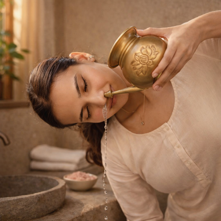 Jal Neti Pot In Brass with Lotus Motifs