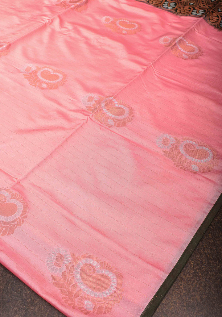 Graceful Peachy-Pink Semi  Silk Saree with Intricate Golden Motifs and Contrast Green Border
