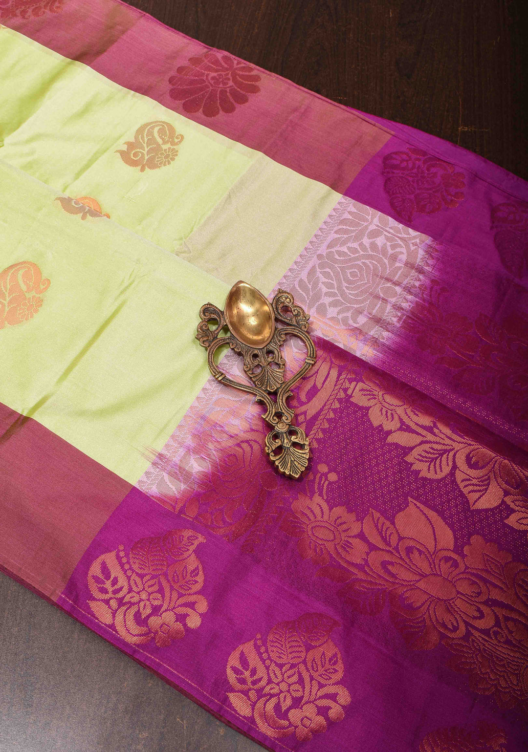 Tea Green Semi Silk Saree with Zari Buttas and Distinct Zari Motifs on Border