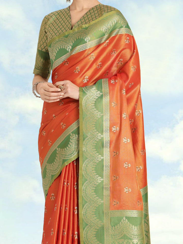 Orange Color Weaving Semi Banarasi Tissue Silk Saree | SHOBITAM
