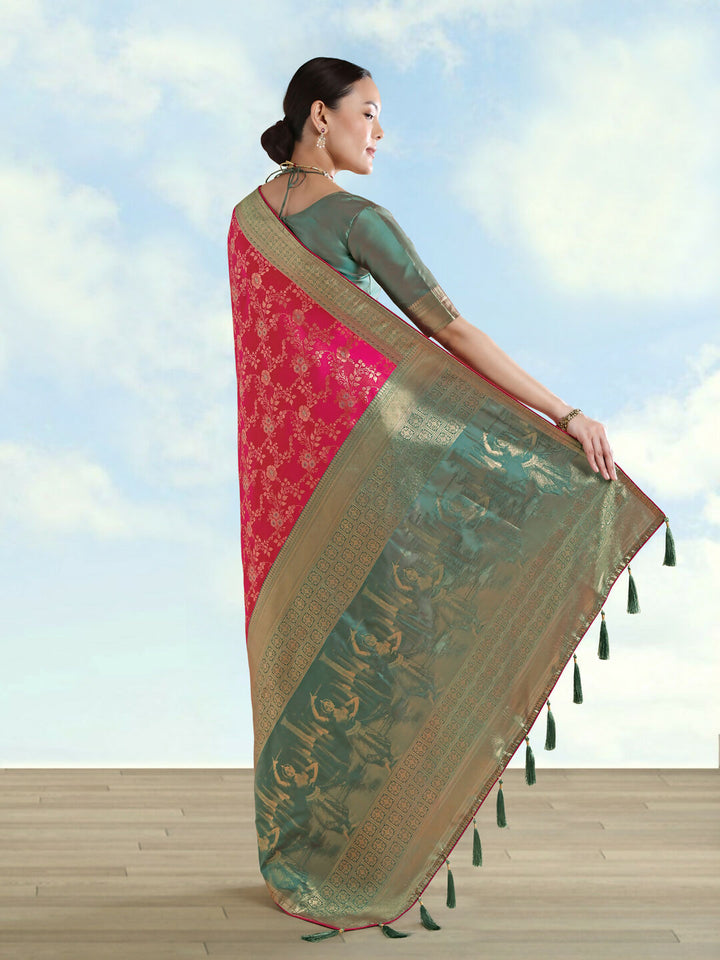 Rani Pink Banarasi Semi Silk Saree With Zari Woven Design | SHOBITAM