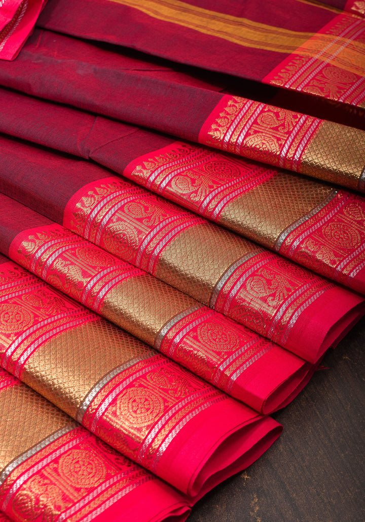 Burgundy Kanchi Cotton Saree with traditional zari borders on Two tone  Border base, No Blouse piece