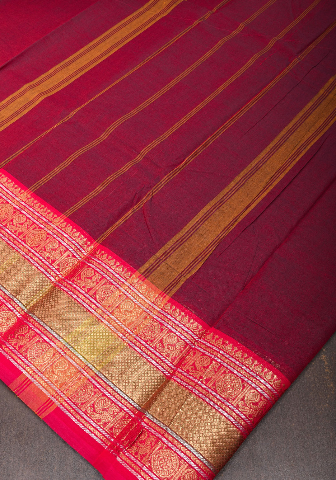 Burgundy Kanchi Cotton Saree with traditional zari borders on Two tone  Border base, No Blouse piece