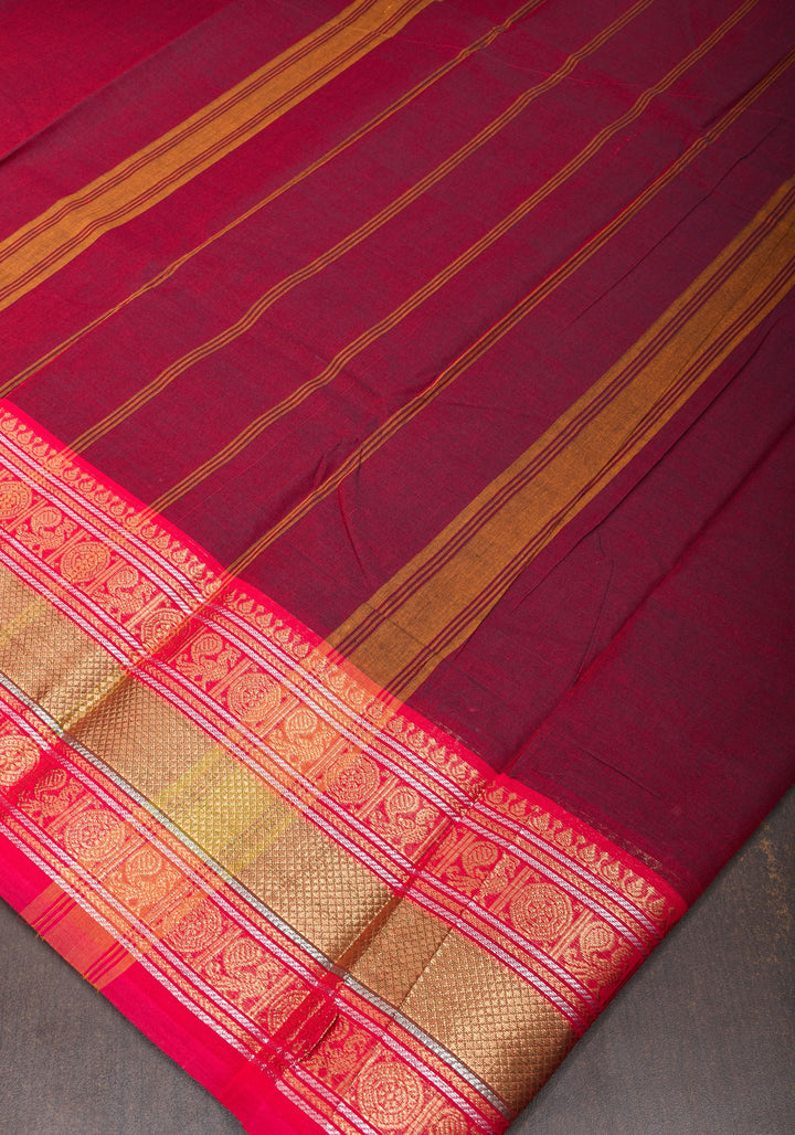 Burgundy Kanchi Cotton Saree with traditional zari borders on Two tone  Border base, No Blouse piece