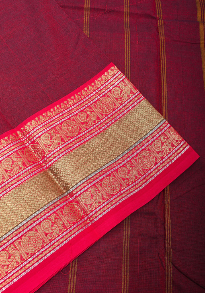 Burgundy Kanchi Cotton Saree with traditional zari borders on Two tone  Border base, No Blouse piece