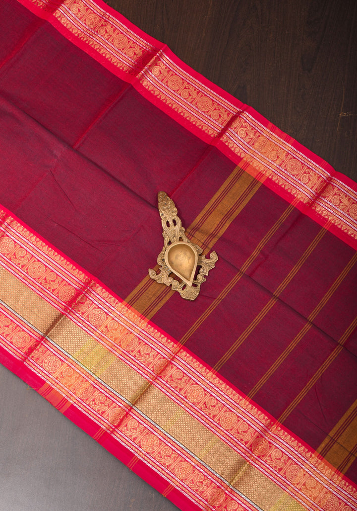 Burgundy Kanchi Cotton Saree with traditional zari borders on Two tone  Border base, No Blouse piece