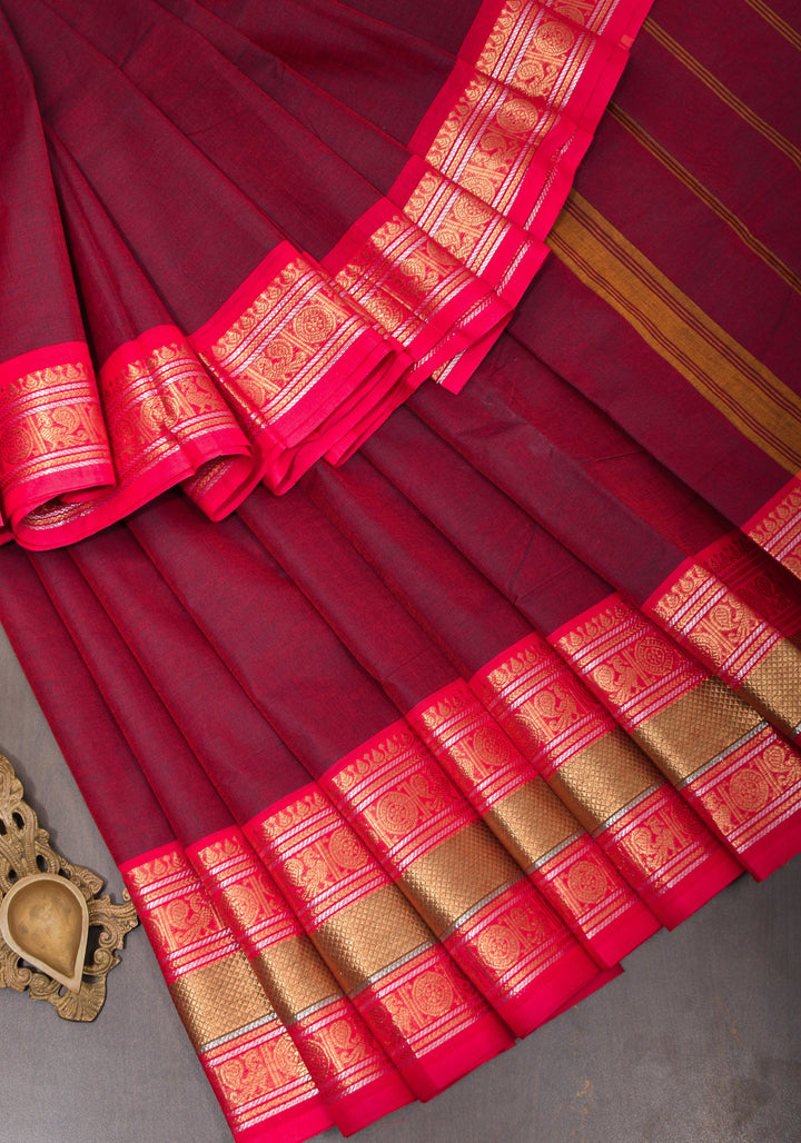 Burgundy Kanchi Cotton Saree with traditional zari borders on Two tone  Border base, No Blouse piece