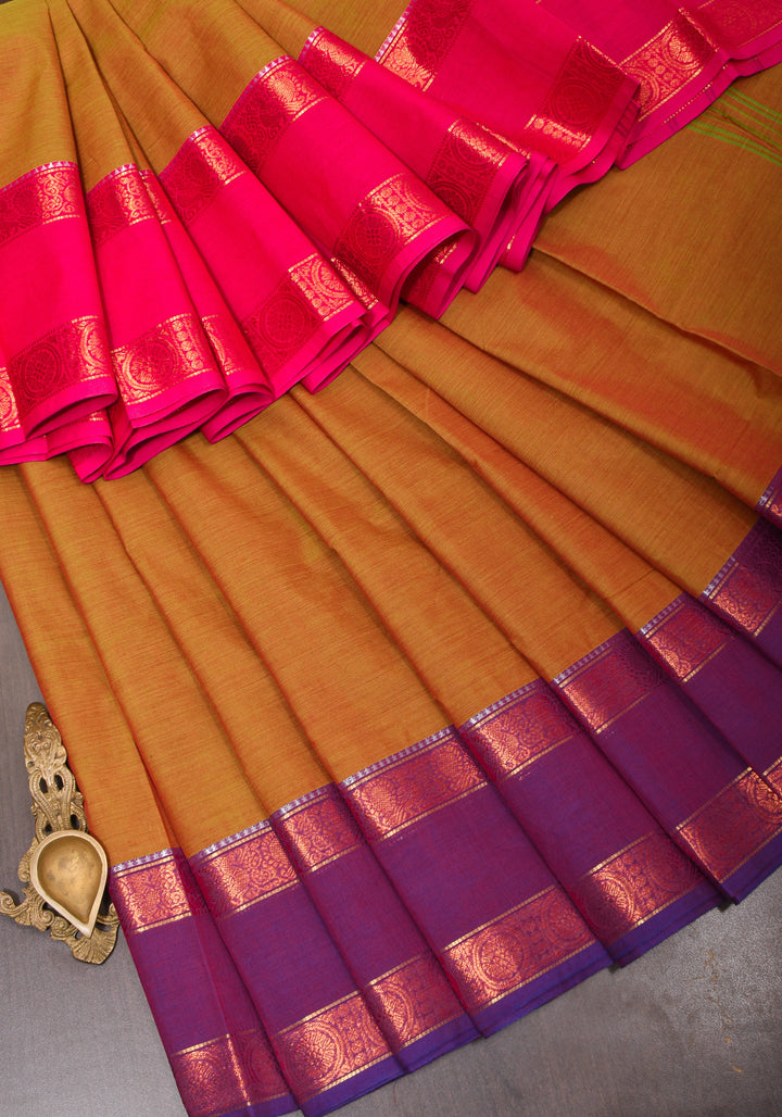 Green-Red Dual tone Kanchi Cotton Saree with Ganga Jamuna zari border, No Blouse piece