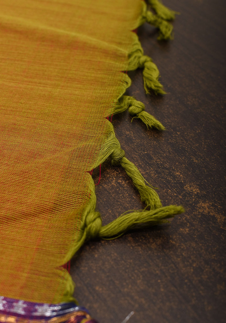 Green-Red Dual tone Kanchi Cotton Saree with Ganga Jamuna zari border, No Blouse piece