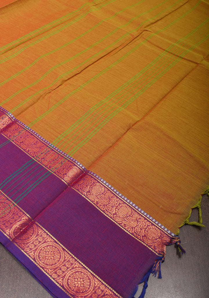 Green-Red Dual tone Kanchi Cotton Saree with Ganga Jamuna zari border, No Blouse piece