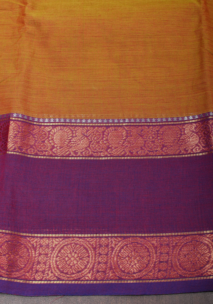 Green-Red Dual tone Kanchi Cotton Saree with Ganga Jamuna zari border, No Blouse piece