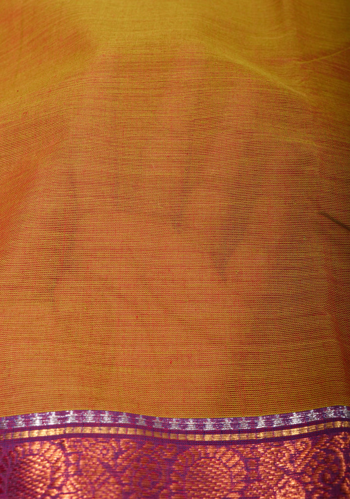 Green-Red Dual tone Kanchi Cotton Saree with Ganga Jamuna zari border, No Blouse piece