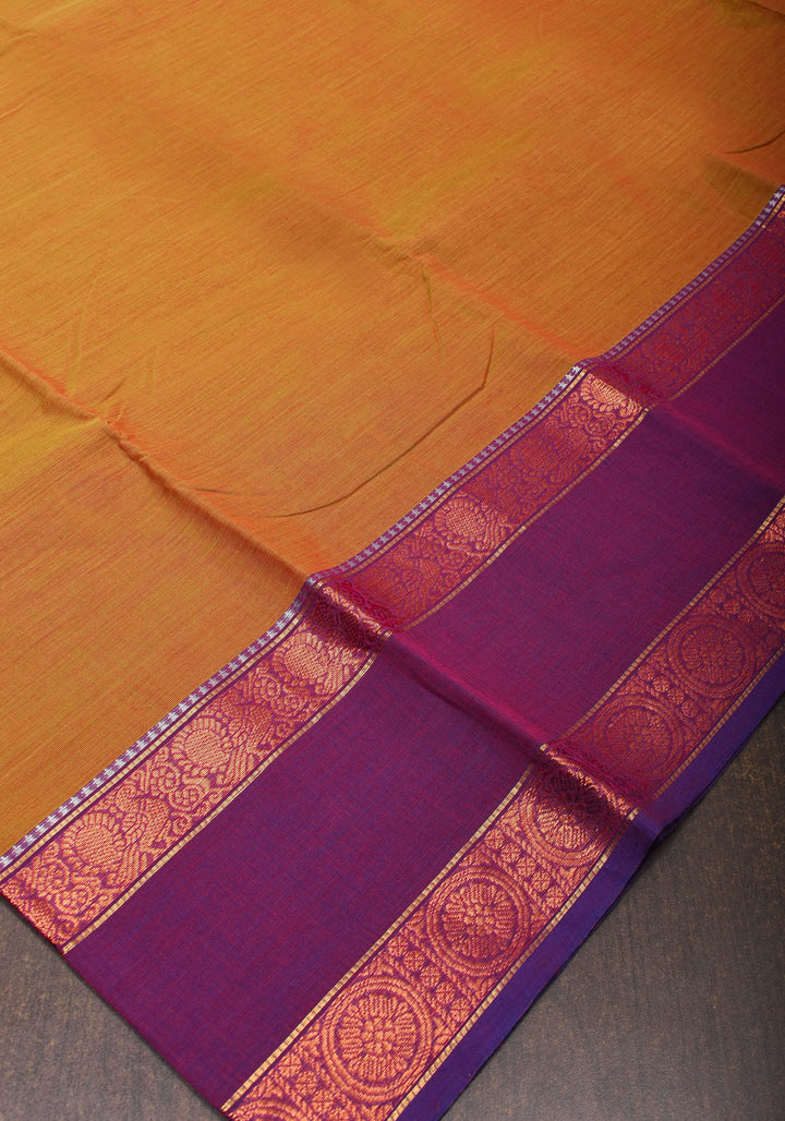 Green-Red Dual tone Kanchi Cotton Saree with Ganga Jamuna zari border, No Blouse piece