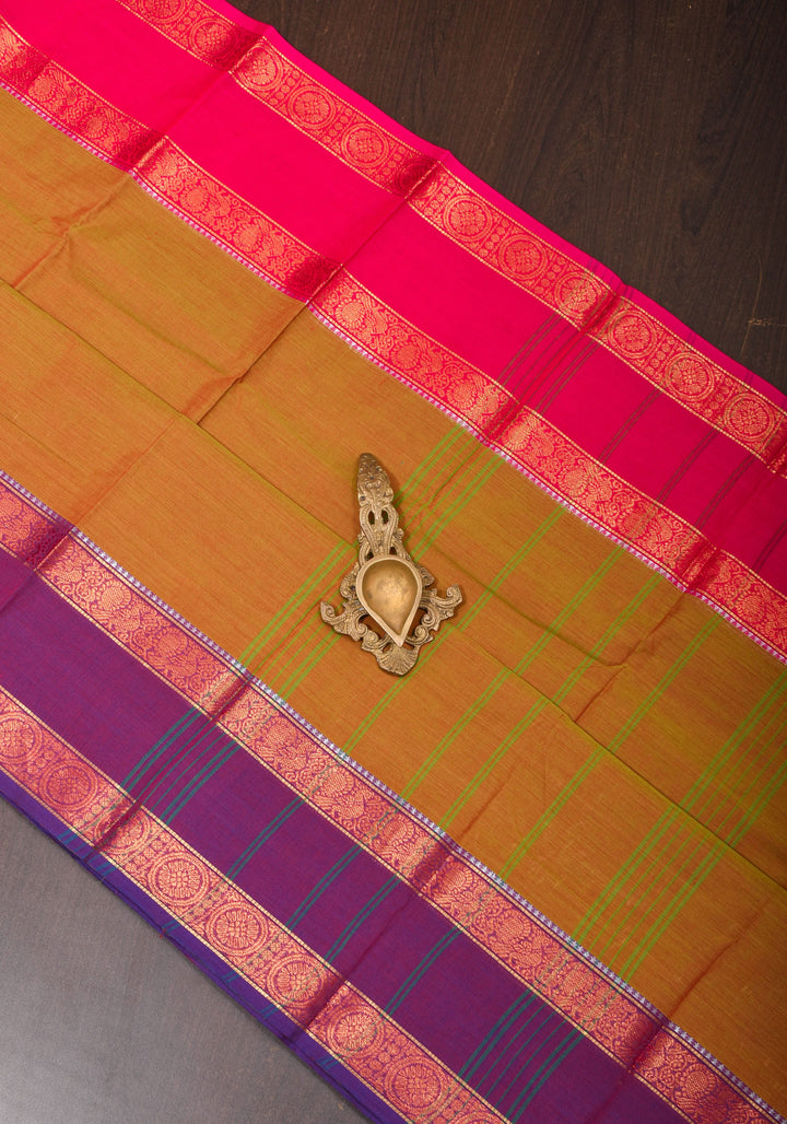 Green-Red Dual tone Kanchi Cotton Saree with Ganga Jamuna zari border, No Blouse piece