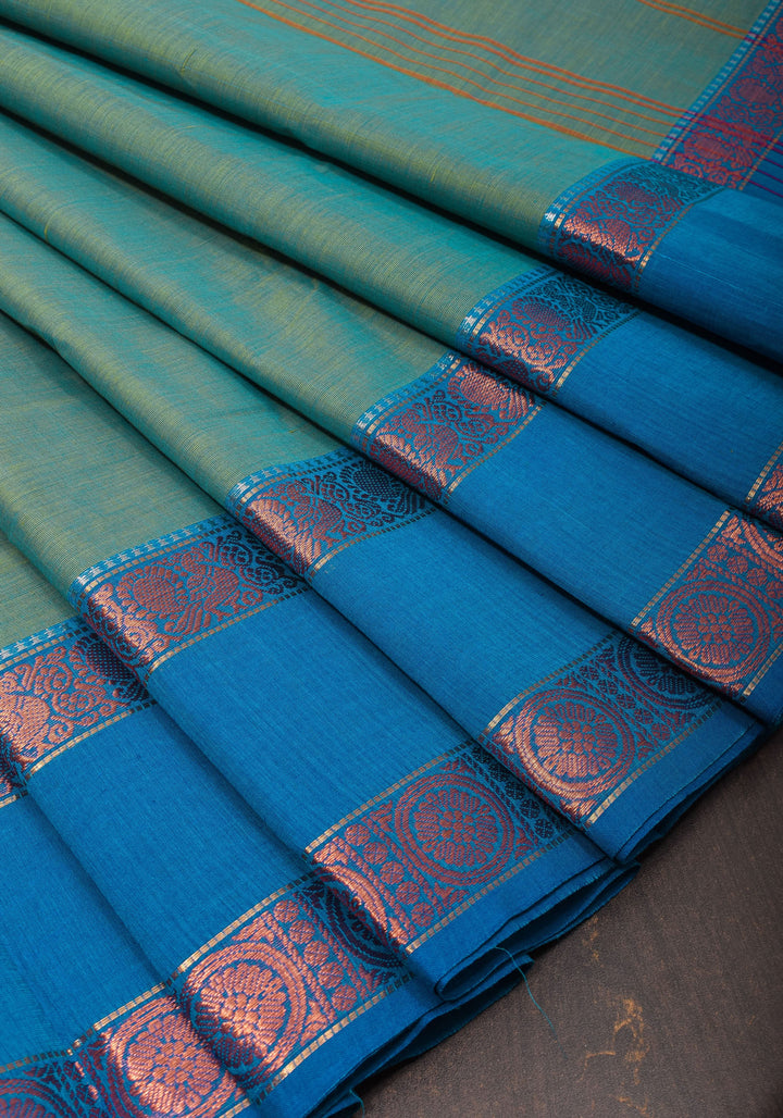 Blue-Green Dual tone Kanchi Cotton Saree with Ganga Jamuna zari border, No Blouse piece