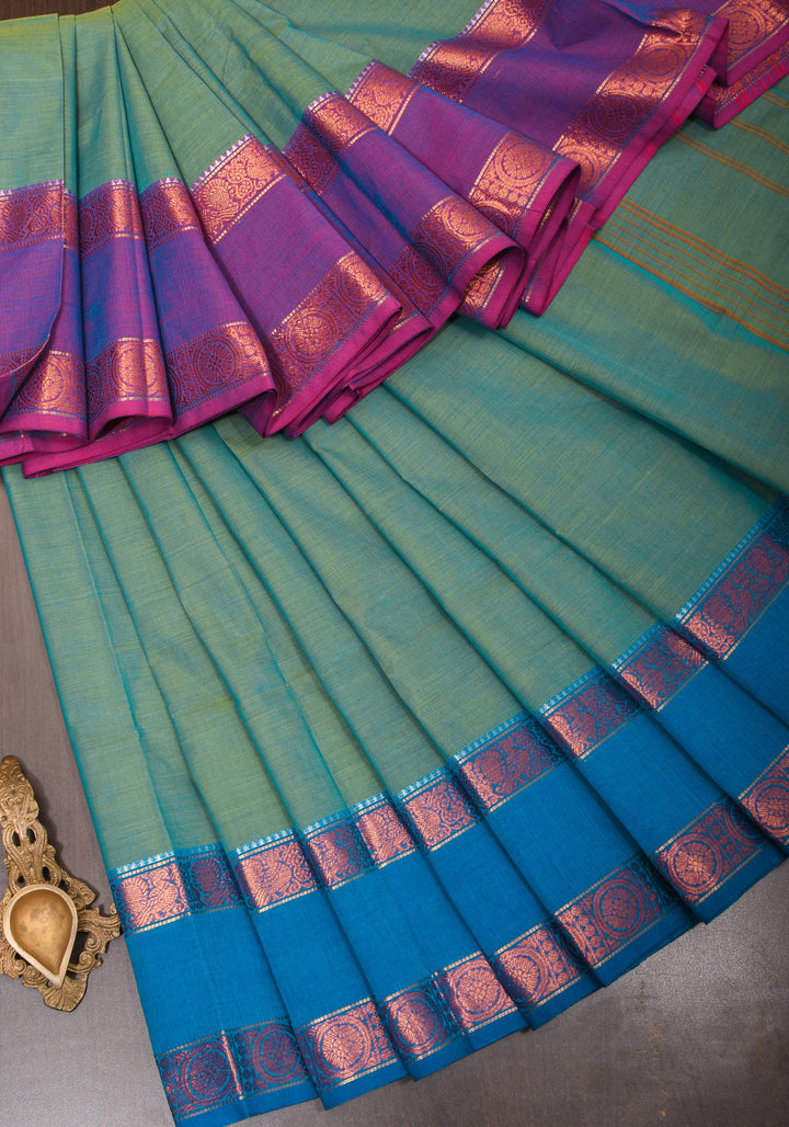 Blue-Green Dual tone Kanchi Cotton Saree with Ganga Jamuna zari border, No Blouse piece