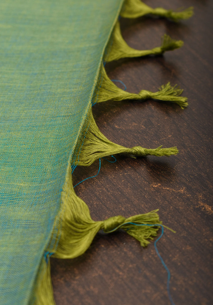 Blue-Green Dual tone Kanchi Cotton Saree with Ganga Jamuna zari border, No Blouse piece