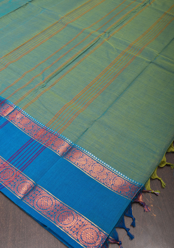 Blue-Green Dual tone Kanchi Cotton Saree with Ganga Jamuna zari border, No Blouse piece