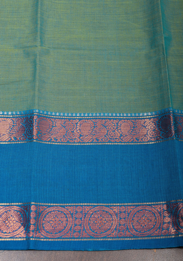 Blue-Green Dual tone Kanchi Cotton Saree with Ganga Jamuna zari border, No Blouse piece